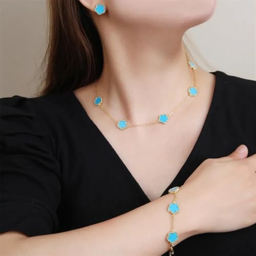 14K Gold-Filled Clover Necklace For Women - Classic Five-Leaf Flower Set Bracelet Necklace Earrings Jewelry Set, Five Leaf Clover Necklaces Dainty Lucky Clover Jewelry - color: Blue - Clover Necklace