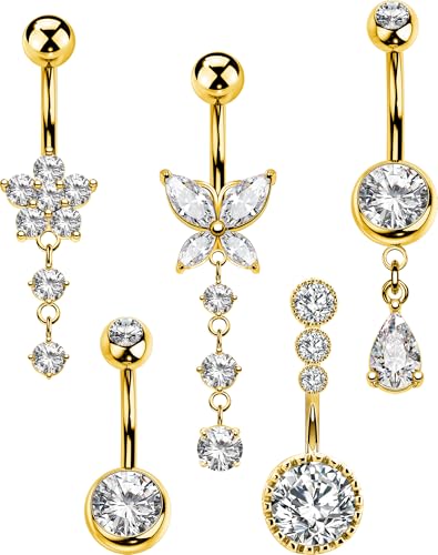 5PCS Belly Button Rings for Women Girls, 14G Surgical Steel Navel Rings Set, Gold & Silver CZ Dangle Body Piercing Jewelry - color: Gold-Butterfly