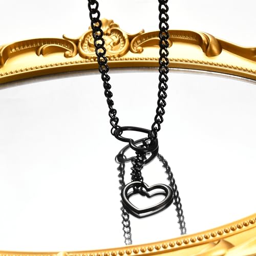 Qitian Stainless Steel Adjustable Lariat Y-Necklace for Men,Punk Gothic Cuban Necklace Jewelry,Heart O-ring Slip Chain Necklace for Women - color: Black