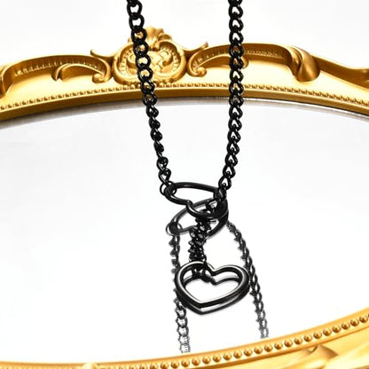 Qitian Stainless Steel Adjustable Lariat Y-Necklace for Men,Punk Gothic Cuban Necklace Jewelry,Heart O-ring Slip Chain Necklace for Women - color: Black
