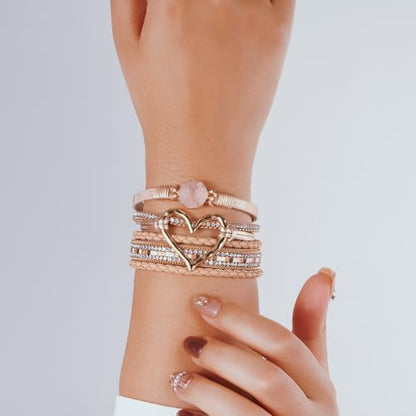 Boho Leather Wrap Bracelets Beaded Stackable Cuff Bracelet Country Concert Outfits Cowboy Cowgirl Western Jewelry Gifts for Women - color: Heart-Rose Gold