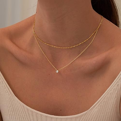 Tewiky Dainty 14k Gold Plated/Silver Cubic Zirconia Necklaces for Women, Simple CZ Jewelry Necklaces Trendy Gifts - color: Gold layer chain CZ