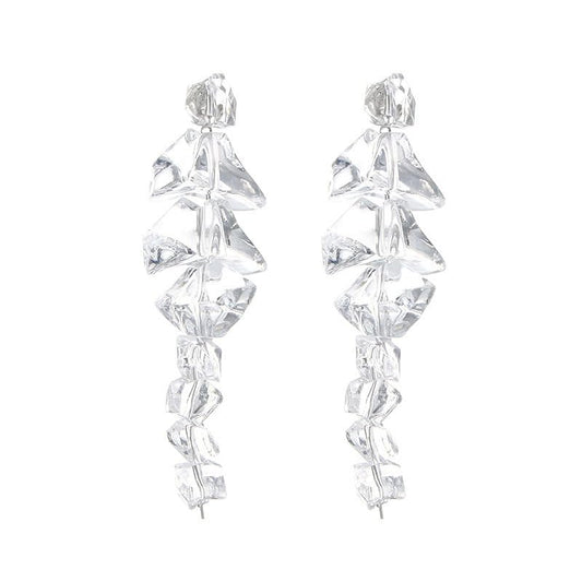 Large Clear Crystal Tassel Earrings for Women, 18K Gold Plated Posts, Geometric Chandelier Acrylic Drop Earrings, Oversized Transparent Cluster Dangles for Wedding, Party, Prom, Statement Jewelry