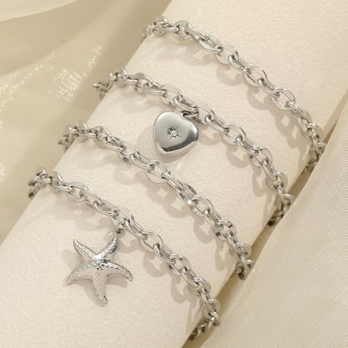 10 PCS Bracelets for Women Stainless Steel Chain Link Bracelet Set | 6.7 Inches with Extender, Jewelry Gifts for DIY, Chains Bulk, Oval, Curb, Figaro Chains, 18K Gold Plated, Silver, Chunky - color: Lip Silver