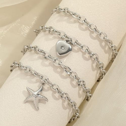 10 PCS Bracelets for Women Stainless Steel Chain Link Bracelet Set | 6.7 Inches with Extender, Jewelry Gifts for DIY, Chains Bulk, Oval, Curb, Figaro Chains, 18K Gold Plated, Silver, Chunky - color: Lip Silver