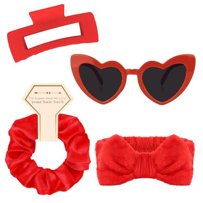 Semato 4 Pcs Red Bridesmaid Proposal Gifts Bridesmaid Spa Headband, Hair Claw Clips, Heart Shaped Sunglasses and Smooth Satin Scrunchies - color: Red