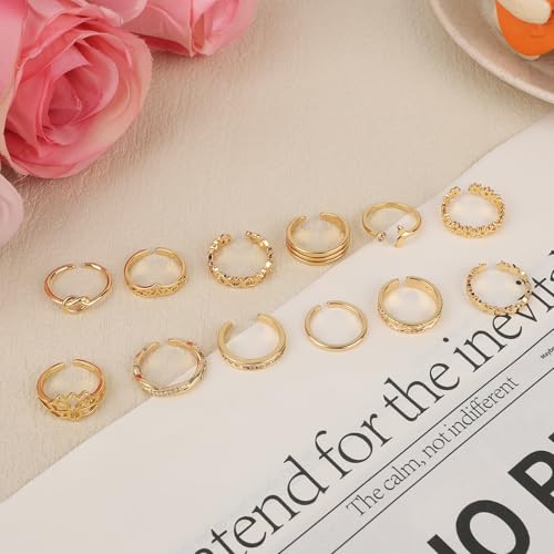 12pcs Toe Rings, 12 Styles Adjustable Copper Open Toe Ring Gold Foot Decoration Jewelry Set for Women Summer Beach