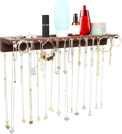 YYILIS Necklace Holder, Upgraded Extra Large Wall Necklace Organizer with 30 Hooks Wall Mounted Necklace Hanger with Jewelry Tray/Cosmetics Shelf Rustic Pine Wood Holder (Walnut) | 30 Hooks Wall Mounted Necklace Hanger with Jewelry Tray/Cosmetics Shelf Ru