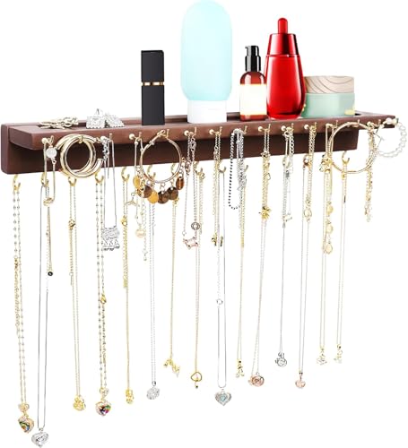 YYILIS Necklace Holder, Upgraded Extra Large Wall Necklace Organizer with 30 Hooks Wall Mounted Necklace Hanger with Jewelry Tray/Cosmetics Shelf Rustic Pine Wood Holder (Walnut) | 30 Hooks Wall Mounted Necklace Hanger with Jewelry Tray/Cosmetics Shelf Ru