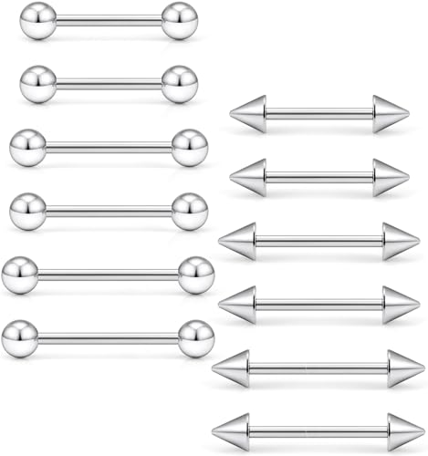 14G Nipple Piercing Jewelry Tongue Rings Surgical Steel Silver Tongue Nipple Barbell Bar Piercing Jewelry for Women 14mm 16mm 19mm - color: A:Silver Tone