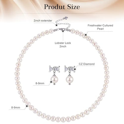 Freshwater Cultured Pearl Necklace Set Includes Cute Bow Pearl Earrings Jewelry for Women - size: 8 to 9mm