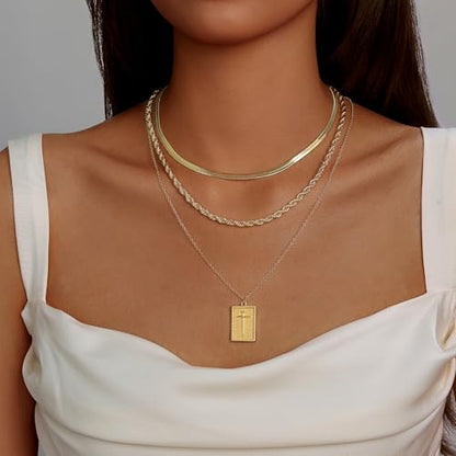 Evabelle Gold Layered Necklace for Women Trendy Jewelry 14K Real Gold Plated Chunky Chain Stackable Necklaces Dainty Choker Necklaces Rectangle Square Pendant - color: Gold Necklace 17