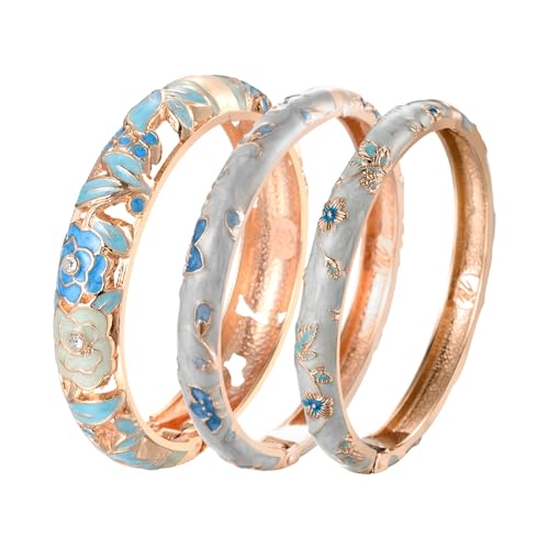 UJOY Womens Multi-Colors Cloisonne Bracelet Plated Flower Hollowed Enameled Hinged Cuff Bangles Jewelry Gift 88A10 - color: 3 Pcs Set-Light Blue-A10