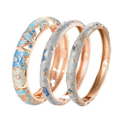 UJOY Womens Multi-Colors Cloisonne Bracelet Plated Flower Hollowed Enameled Hinged Cuff Bangles Jewelry Gift 88A10 - color: 3 Pcs Set-Light Blue-A10