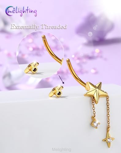 Melighting 14G Gold Belly Button Ring Dangle Chain, 10 mm Stainless Steel Belly Piercing Jewelry with CZ Heart Star Design, Cute Silver Navel Ring for Beach Daily Wear Women - color: Gold Star