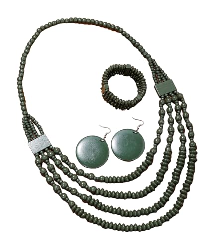 Colorful Ethnic Wooden Earrings Round Statement Dangle Earrings Multilayered Geometric Beaded Bracelet Necklace Set for Women Exaggerated Tribal Jewelry - color: Dark Green