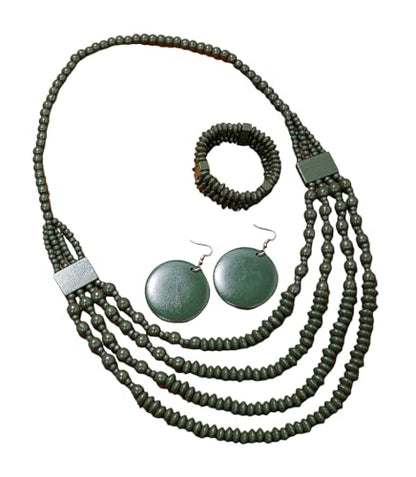 Colorful Ethnic Wooden Earrings Round Statement Dangle Earrings Multilayered Geometric Beaded Bracelet Necklace Set for Women Exaggerated Tribal Jewelry - color: Dark Green