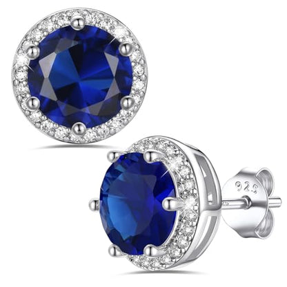 Bestyle Authentic 925 Sterling Silver 2 Carat Birthstone Earrings for Women, More Sparkle Heart/Round Solitaire Diamond Studs Earrings, Great Birthday/Christmas/Anniversary Jewelry for Wife Mother - color: 09. Sept. Sapphire-Round
