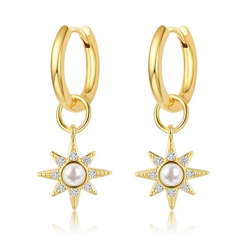 DAILY VIBES Cute Butterfly Star Cross Heart CZ Dangle Earrings for Women | 925 Sterling Silver Post, 14K Gold or Silver Plated, Mini Cubic Zirconia Dainty Drop, Cartilage Small Huggie Hoop Earrings - color: Gold North Star CZ