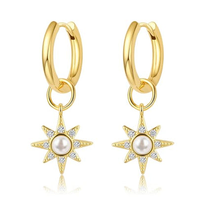 DAILY VIBES Cute Butterfly Star Cross Heart CZ Dangle Earrings for Women | 925 Sterling Silver Post, 14K Gold or Silver Plated, Mini Cubic Zirconia Dainty Drop, Cartilage Small Huggie Hoop Earrings - color: Gold North Star CZ