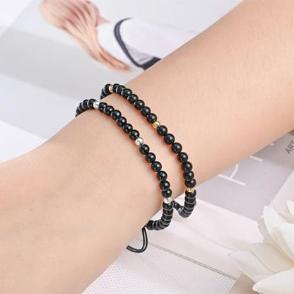 Natural Stone&925 Sterling Silver/18K Gold Anklet,│4MM│9-12 in│, Hand Woven, Adjustable Size - color: 925 Sterling Silver&Black Tourmaline,4MM