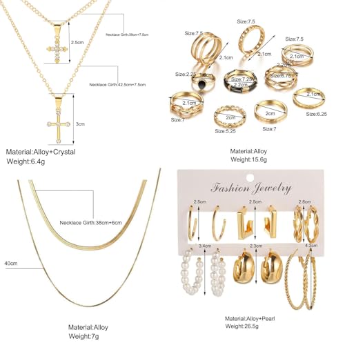 73 Pcs Gold Jewelry Set with 6Pcs Layered Necklace, 11 Pcs anklet and 7Pcs Earring Ear Cuff,12Hoop Earrings ,15pcs Rings,21pcs stud earrings Jewerly set for Women Pack for Friendship Party Gift - style: AA-gold