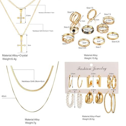73 Pcs Gold Jewelry Set with 6Pcs Layered Necklace, 11 Pcs anklet and 7Pcs Earring Ear Cuff,12Hoop Earrings ,15pcs Rings,21pcs stud earrings Jewerly set for Women Pack for Friendship Party Gift - style: AA-gold