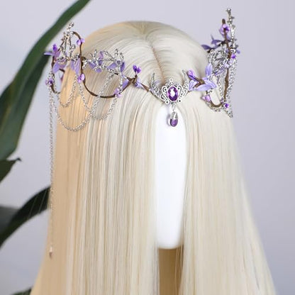 MOSTORY Woodland Elf Crown for Women - Medieval Elf Headpiece with Tassel for Renaissance Renfaire Fae Cosplay Viking Outfit - color: Purple-silver