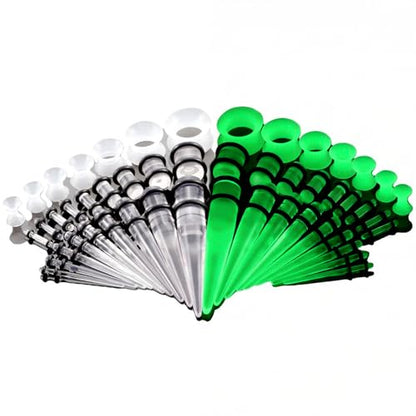 50Pcs Ear Stretching Kit 14G-00G: Acrylic Tapers Plugs Silicone Tunnels Hypoallergenic Gauges Expander Set Body Piercing Jewelry for Men Women - color: GlowDark