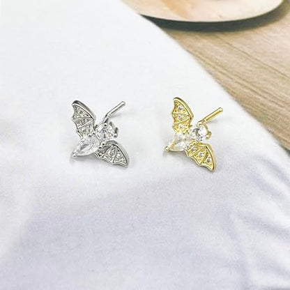 20G Bat L-Shaped Nose Rings for Women Girls Stainless Steel Cubic Zirconia Bat Nose Studs Sparkling Nose Piercing Jewelry - color: Silver