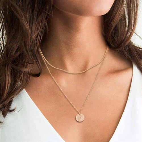 Gold Layered Necklaces for Women, 14K Gold Plated Paperclip Snake Chain Necklace Set, Dainty Coin Cross Tear Pendant Layering Choker Necklaces, Simple Trendy Stackable Jewelry Gifts - color: Wave Pendant Necklace