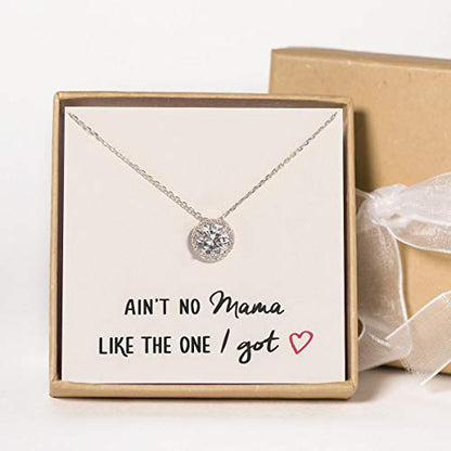 A+O Gift for Mom, Aunt, Grandma - Solitaire Halo Necklace in Gold, Rose Gold, Silver - style: Ain't no mama…, Silver