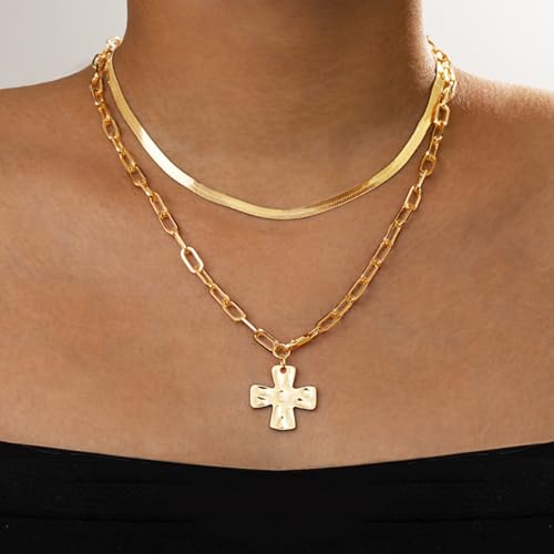 Chunky Cross Necklace for Women,Gold Silver Layered Hammered Cross Pendant Necklace Statement Paperclip Toggle Charm Chain Herringbone Snake Choker Christian Jewelry Outfit Accessories - color: BGold Set