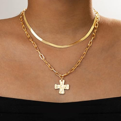 Chunky Cross Necklace for Women,Gold Silver Layered Hammered Cross Pendant Necklace Statement Paperclip Toggle Charm Chain Herringbone Snake Choker Christian Jewelry Outfit Accessories - color: BGold Set