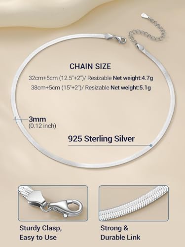 PROSTEEL 3mm/5mm Herringbone Choker Necklace for Women, 12.5"/15"/18", Stainless Steel/Sterling Silver Flat Snake Chain in Silver/Yellow Gold/Rose Gold/Black, Come with Box - color: 3mm-925 Sterling Silver, size: 12.5 Inch