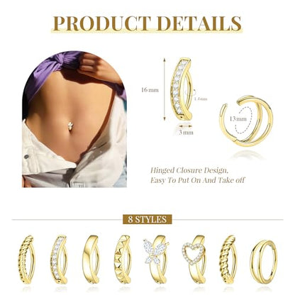 Kenivira 8 Pcs Belly Button Ring Hypoallergenic Surgical Steel CZ Belly Button Rings For Women Clicker Navel Piercing Jewelry - color: Gold