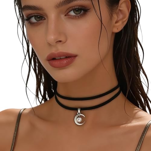 Black Choker for Women, Adjustable Layered Velvet Leather Lace Collar necklace, Goth necklace Gifts - color: Pearl Moon