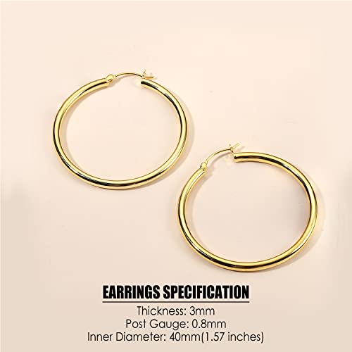 MILACOLATO S925 Sterling Silver Post Hoop Earrings 14K Gold Plated Hoops 3mm Chunky Large Big Hoop Earrings Hypoallergenic Lightweight Earrings for Women 15/20/30/40/50/60/70mm - style: gold-40mm(1.57inch)