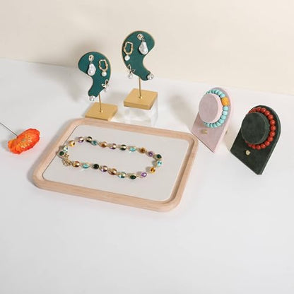 velvet Jewelry organizer tray, Beech wood Jewelry Display Plate, Beige Jewelry Viewing Tray, Jewelry showcase tray for Necklace Bracelet Ring Earring stand holder (Cream-Large, 9.8x 7.1 in) - size: Large
