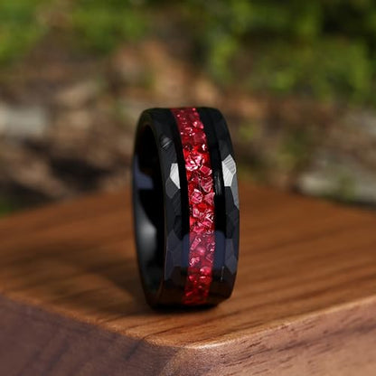 4mm/8mm Tungsten Wedding Bands for Men Women Ruby/Morganite/Emerald | Aquamarine/Zirconia, Black/Rose Gold/14K Gold, Engagement Promise Ring, Anniversary Valentine Day Birthday Gift for Him/Her - color: Black and Red