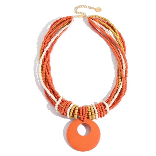 Coiris Chunky Necklaces for Women Statement Wooden Beaded Funky Boho Circle Pendant Necklace Jewellery Gift for Women - color: Orange