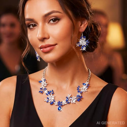Green Rhinestone Indian Jewelry Set Gold Bridal Wedding Necklace and Earrings Sets Prom Costume Jewelry for Women and Brides - color: Silver Blue