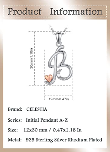 CELESTIA 925 Sterling Silver Initial Necklaces 26 Letter with Rose Gold Heart - 18 Inch Chain - color: B-Initial
