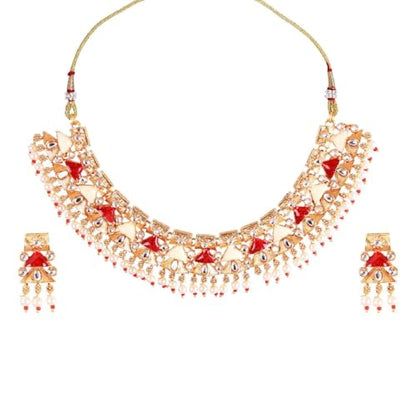 Efulgenz Indian Wedding Antique Crystal Faux Pearl Necklace Set for Women - color: Red