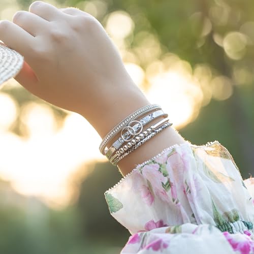 Chunky Boho Leather Wrap Bracelets Cowgirl Beaded Circle Western Jewelry | Stackable Infinity Layered Bohemian Magnetic Clasp Cuff Statement Fashion Colorful Country Hippie Outfits for Women Trendy - color: Snakeskin Silver