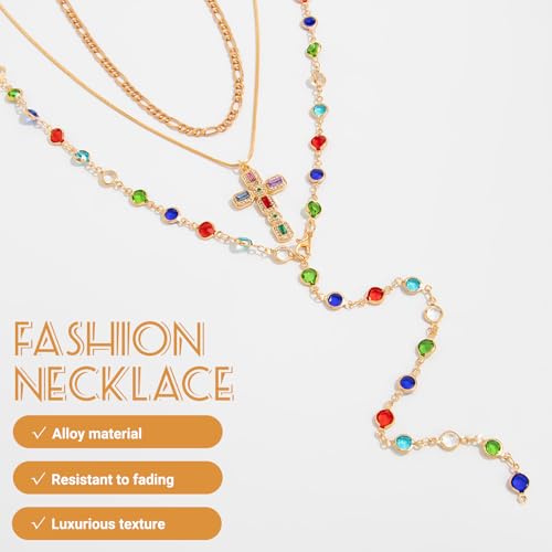 Layered Cross Necklace Set for Women, Layered Choker Necklaces Trendy Jewelry, Colorful Enamel Beaded Y-Shaped Lariat Necklace, Boho Multilayer Cross Necklace for Party and Daily Wear - color: Gold-08
