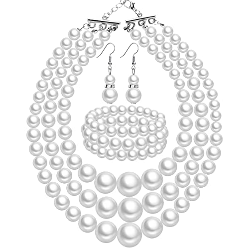 Haysandy Pearl Jewelry Set for Women 20s Jewelry Gift | Retro Layered Necklace Bracelet Earring, Costume Accessories for Derby Wedding Prom Party, Dress Matching Occasions - color: White