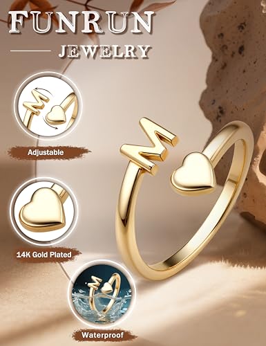 FUNRUN JEWELRY Gold Initial Ring for Women Non Tarnish 14K Gold Plated | Adjustable Letter Rings A-Z Dainty Heart Alphabet Stackable Band Rings Trendy Capital Letter Pinky Knuckle Thumb Ring - style: M Initial Ring