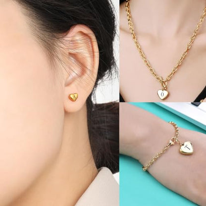 Women's 3 Pieces Heart Name Initial Necklace, Bracelet, Earrings, Jewelry Set Stainless Steel A-Z letters Jewelry Suits - color: Gold, size: Large