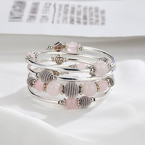 PEARL&CLUB Beaded Chakra Bangle Turquoise Bracelet - Fashion Jewelry Wrap Bracelet with Thick Silver Metal and Mala Beads, Birthday Gifts For Women - color: Pink crystal